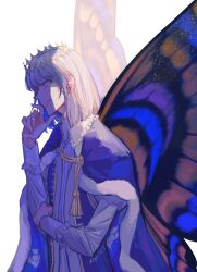 Rule 34 | 1boy, arthropod boy, blue cloak, blue eyes, butterfly wings, cloak, crown, diamond hairband, fate/grand order, fate (series), from side, fur-trimmed cloak, fur trim, grey hair, highres, insect wings, kny 0 0 0, long sleeves, male focus, medium hair, oberon (fate), profile, simple background, smile, solo, upper body, white background, wings