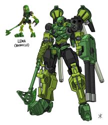 Rule 34 | absurdres, apoloniodraws, arm cannon, axe, bionicle, character name, copyright name, full body, glowing, glowing eye, green eyes, highres, kanohi (bionicle), lewa (bionicle), mecha, mechanization, no humans, reference inset, robot, science fiction, simple background, standing, the lego group, weapon, white background
