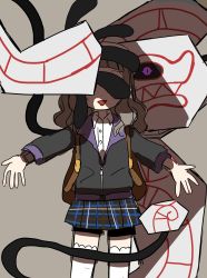 Rule 34 | 1girl, absurdres, backpack, bag, black jacket, black sclera, black shorts, blunt bangs, blush, blush stickers, brown hair, colored sclera, creatures (company), female focus, flat chest, game freak, gen 8 pokemon, gloria (pokemon), grey background, happy, highres, jacket, long hair, long sleeves, miniskirt, multicolored clothes, multicolored skirt, nintendo, one-eyed, open mouth, outstretched arms, plaid, plaid skirt, pleated skirt, pokemon, pokemon (creature), pokemon swsh, purple eyes, runerigus, semi kon, shirt, short shorts, shorts, shorts under skirt, simple background, skirt, smile, spread arms, standing, thighhighs, wavy hair, white shirt, white thighhighs, zipper, zipper pull tab