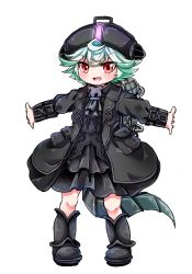 Rule 34 | :d, adapted costume, alt text, arm guards, ascot, backpack, bag, black ascot, black footwear, black hat, black skirt, bondrewd, bondrewd (cosplay), botos, child, coat, commentary request, cosplay, eyes visible through hair, fang, full body, green hair, hat, long sleeves, looking at viewer, made in abyss, multicolored hair, open clothes, open coat, open mouth, outstretched arms, pigeon-toed, pouch, prushka, red eyes, short hair, skirt, smile, smug, solo, spread arms, standing, streaked hair, tachi-e, tail, tsurime, v-shaped eyebrows, vfiuueovqqvzykt, white hair
