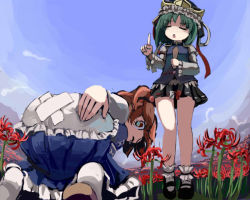 Rule 34 | 2girls, ass, bandaid, female focus, flower, gatau, gradient background, green hair, hat, multiple girls, nature, onozuka komachi, outdoors, plant, preaching, red eyes, red hair, ribbon, rod of remorse, shiki eiki, skirt, sky, spider lily, stick, tears, touhou, twintails, two side up