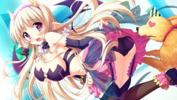 Rule 34 | 1girl, animal, blonde hair, breasts, cleavage, dog, game cg, garter straps, horns, julia lin road, long hair, magical marriage lunatics!!, o-ring, o-ring top, open mouth, panties, pantyshot, pointy ears, purple eyes, solo, thighhighs, underwear, upskirt, yamakaze ran