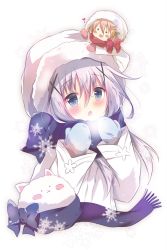 Rule 34 | 2girls, :3, :d, :o, = =, angora rabbit, blue bow, blue eyes, blue mittens, blue scarf, blush, blush stickers, bow, breath, breathing on hands, closed eyes, coat, commentary request, flower, gochuumon wa usagi desu ka?, hair between eyes, hair flower, hair ornament, hairclip, hat, head tilt, heart, highres, hoto cocoa, kafuu chino, light brown hair, long sleeves, looking at viewer, mini person, minigirl, mittens, multiple girls, on head, open mouth, parted lips, purple hair, rabbit, red bow, red mittens, red scarf, scarf, simple background, smile, snowflakes, tippy (gochiusa), toramachisu na, white background, white coat, white hat, winter clothes, winter coat, x hair ornament