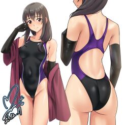 Rule 34 | 1girl, ass, black gloves, black hair, black one-piece swimsuit, breasts, brown eyes, commentary request, commission, competition swimsuit, covered navel, elbow gloves, fujiwara hajime, gloves, hair between eyes, hair over shoulder, highleg, highleg swimsuit, highres, idolmaster, idolmaster cinderella girls, long hair, looking at viewer, medium breasts, multiple views, one-piece swimsuit, pixiv commission, purple robe, robe, simple background, standing, swimsuit, two-tone swimsuit, white background, yoo tenchi