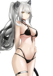 Rule 34 | 1girl, absurdres, animal ears, arknights, bare shoulders, black bra, bra, breasts, cat ears, cat tail, chinese commentary, commentary, cowboy shot, criss-cross halter, grey choker, grey hair, groin, halterneck, highres, large breasts, lilin (pixiv 25958194), long hair, navel, o-ring, ponytail, schwarz (arknights), simple background, solo, standing, stomach, tail, thigh strap, thighs, underwear, very long hair, white background, yellow eyes