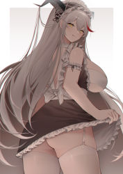 Rule 34 | 1girl, :q, absurdres, aegir (azur lane), aegir (iron blood&#039;s dragon maid) (azur lane), arm garter, ass, azur lane, black horns, breasts, brown dress, demon horns, dress, framed breasts, frilled dress, frilled hairband, frills, from behind, from below, garter straps, hair on horn, hairband, highres, horns, large breasts, long hair, looking at viewer, looking back, maid headdress, multicolored hair, official alternate costume, red hair, shibuya (kurokamishain), simple background, skindentation, sleeveless, sleeveless dress, solo, streaked hair, thighhighs, tongue, tongue out, two-tone hair, underbutt, very long hair, white background, white garter straps, white hair, white thighhighs, yellow eyes