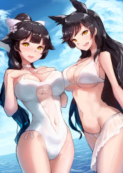 Rule 34 | 2girls, :d, animal ears, asymmetrical docking, atago (azur lane), atago (summer march) (azur lane), azur lane, bad id, bad pixiv id, bare arms, bare shoulders, bikini, black hair, blue sky, blunt bangs, blush, bow, breast press, breasts, brown hair, casual one-piece swimsuit, cleavage, cleavage cutout, clothing cutout, cloud, collarbone, covered navel, cowboy shot, day, eyebrows, flower, groin, hair bow, hair flower, hair ornament, hands on own chest, high ponytail, highres, horizon, large breasts, legs together, long hair, looking at viewer, multiple girls, navel, navel cutout, ocean, one-piece swimsuit, open mouth, outdoors, round teeth, sawawse, see-through, sky, smile, standing, stomach, swimsuit, takao (azur lane), takao (beach rhapsody) (azur lane), teeth, upper teeth only, very long hair, water, white bikini, white bow, white one-piece swimsuit, yellow eyes