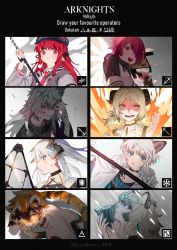 Rule 34 | 6+girls, :o, absurdres, animal ears, arknights, bell, black choker, black hair, black headwear, blood, blood on face, choker, copyright name, exusiai (arknights), fire, furry, furry female, gradient hair, grey hair, grin, hair ribbon, hat, highres, holding, holding weapon, horns, ifrit (arknights), lappland (arknights), leopard ears, leopard girl, logo, long hair, material growth, multicolored hair, multiple girls, nail polish, orange eyes, oripathy lesion (arknights), parted lips, pramanix (arknights), puff of air, red eyes, red hair, ribbon, round eyewear, saria (arknights), shield, short hair, smile, sussurro (arknights), tail, tiger ears, tiger girl, tiger tail, twitter username, upper body, vigna (arknights), waai fu (arknights), weapon, wolf girl, yagita (astronomie)