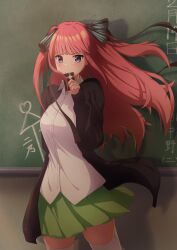 Rule 34 | &gt;:(, 1girl, black cardigan, blue eyes, blunt bangs, butterfly hair ornament, cardigan, chalkboard, closed mouth, cowboy shot, daru drawing, gift, go-toubun no hanayome, green skirt, hair ornament, highres, holding, holding gift, indoors, long hair, long sleeves, looking at viewer, nakano nino, open cardigan, open clothes, pleated skirt, red hair, simple background, skirt, solo, standing, thighhighs, v-shaped eyebrows, valentine, white background, white thighhighs, zettai ryouiki