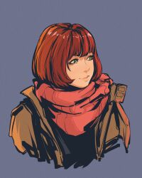 Rule 34 | 1girl, absurdres, black shirt, bob cut, brown hair, brown jacket, cropped torso, green eyes, grey background, highres, jacket, looking to the side, lupuwulf, original, pink lips, portrait, red scarf, scarf, shirt, smile, solo