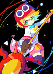 Rule 34 | 1girl, absurdres, amitie (puyopuyo), black background, blonde hair, blush stickers, bright pupils, brown gloves, coat, fighting stance, gloves, green eyes, highres, holding, holding staff, offbeat, puyopuyo, puyopuyo fever, red amitie, red headwear, shorts, smile, solo, staff, tongue, tongue out, white coat, white pupils, yellow shorts