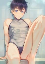 Rule 34 | 1boy, :o, absurdres, androgynous, arm up, barefoot, black hair, blue eyes, blush, bulge, covered navel, crossdressing, facial mark, from below, grey one-piece swimsuit, highres, indoors, kiyonagi, knee up, kusanagi (kiyonagi), looking at viewer, male focus, one-piece swimsuit, original, purple hair, short hair, sitting, skin tight, solo, swimsuit, tile wall, tiles, toned, toned male