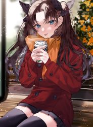 Rule 34 | 1girl, black hair, black ribbon, black thighhighs, blue eyes, blurry, blurry background, breath, brown hair, buttons, cup, disposable cup, fate/stay night, fate (series), hair ribbon, highres, holding, holding cup, jacket, looking at viewer, orange scarf, outdoors, pleated skirt, red jacket, ribbon, scarf, shimatori (sanyyyy), sitting, skirt, solo, thighhighs, tohsaka rin, tongue, tongue out, zettai ryouiki