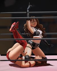 Rule 34 | 2girls, ass, black footwear, black gloves, black hair, boots, brown hair, commentary, elbow gloves, english commentary, gloves, highres, index finger raised, knee boots, long hair, multiple girls, original, parted lips, photo-referenced, red footwear, sportswear, the awesombrosos, wrestling, wrestling ring