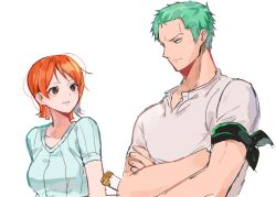 Rule 34 | 1boy, armband, bad id, bad twitter id, blue shirt, brown eyes, commentary request, crossed arms, earrings, green armband, green hair, jewelry, joman, katana, korean commentary, looking at another, loose hair strand, nami (one piece), one piece, orange hair, roronoa zoro, shirt, short hair, short sleeves, simple background, striped clothes, striped shirt, sword, vertical-striped clothes, vertical-striped shirt, weapon, white background, white shirt