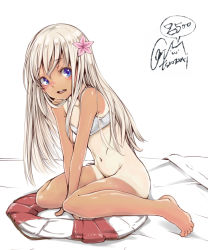 Rule 34 | 10s, 1girl, artist name, bare shoulders, bed sheet, between legs, blonde hair, blue eyes, blush, bottomless, bra, character name, collarbone, dark-skinned female, dark skin, flower, full body, hair flower, hair ornament, hand between legs, kantai collection, knees together feet apart, lifebuoy, long hair, looking at viewer, navel, one-piece tan, rizzl, ro-500 (kancolle), round teeth, simple background, sitting, smiley face, solo, stomach, swim ring, tan, tanline, tareme, teeth, underwear, very long hair, wariza, white background, white bra