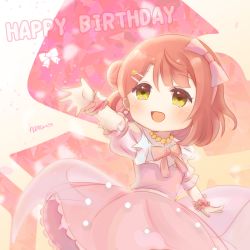 Rule 34 | 1girl, artist name, artist request, back bow, blush, bow, bowtie, braid, braided bun, breasts, chibi, dream with you (love live!), dress, dress bow, earrings, female focus, frilled skirt, frills, green eyes, hair bow, hair bun, hair ornament, highres, jewelry, long sleeves, looking at viewer, love live!, love live! nijigasaki high school idol club, love live! school idol festival, miniskirt, neck ruff, necklace, orange hair, parted lips, pearl earrings, pearl necklace, pink bow, pink dress, pink skirt, pink wrist cuffs, plaid, plaid dress, plaid skirt, pleated, pleated dress, pleated skirt, polka dot, polka dot skirt, puffy short sleeves, puffy sleeves, red hair, short hair, short sleeves, side bun, single side bun, skirt, small breasts, smile, solo, star (symbol), star hair ornament, uehara ayumu, white background, white bow, wrist cuffs, yellow eyes