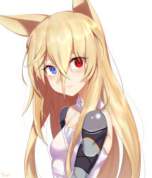 Rule 34 | 1girl, animal ears, armor, armpit peek, bad id, bad pixiv id, blonde hair, blush, breasts, choker, closed mouth, dress, elbow gloves, expressionless, eyes visible through hair, from side, g41 (girls&#039; frontline), girls&#039; frontline, gloves, hair between eyes, heterochromia, highres, kuki panda (wkdwnsgk13), lips, lipstick, long hair, looking at viewer, makeup, signature, simple background, small breasts, solo, symbol-shaped pupils, very long hair, white background