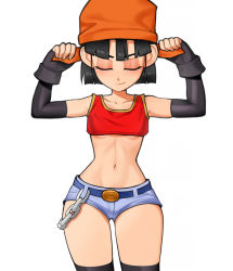 Rule 34 | adjusting clothes, adjusting headwear, bandana, belt, black gloves, black hair, black thighhighs, blunt bangs, breasts, chain, closed eyes, closed mouth, collarbone, cowboy shot, crop top, detached sleeves, dragon ball, dragon ball gt, elbow gloves, feet out of frame, fingerless gloves, gloves, highres, loodncrood, midriff, navel, orange bandana, pan (dragon ball), short shorts, shorts, simple background, small breasts, smile, standing, thighhighs, thighs, underboob, white background