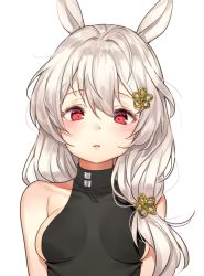 Rule 34 | 1girl, animal ears, bad id, bad pixiv id, bare shoulders, black shirt, breasts, collarbone, copyright request, covered collarbone, flower, goyain, hair between eyes, hair ornament, highres, long hair, looking at viewer, medium breasts, parted lips, rabbit ears, red eyes, shirt, silver hair, simple background, sleeveless, sleeveless shirt, solo, upper body, white background, wisteria