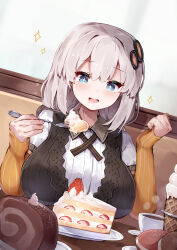 1girl :d black_dress blue_eyes blush breasts cake cake_slice coffee coffee_mug commentary_request cup detached_sleeves dress food fork fruit grey_hair hair_ornament highres holding holding_fork ice_cream kizuna_akari large_breasts long_hair long_sleeves macaron mug open_mouth se-u-ra shirt sleeves_past_wrists smile solo sparkle sparkling_eyes strawberry table upper_body voiceroid white_shirt