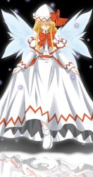 Rule 34 | 1girl, blonde hair, bow, bowtie, capelet, closed eyes, dress, fairy, fairy wings, female focus, hat, lily white, long hair, long sleeves, looking at viewer, red bow, red bowtie, shoes, sidelocks, simple background, solo, standing, tate eboshi, touhou, white dress, white footwear, white wings, wings