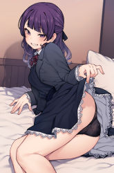 Rule 34 | 1girl, :d, arm support, ass, bed sheet, black dress, black jacket, black panties, blunt bangs, blush, breasts, clothes lift, dress, dress lift, feet out of frame, grin, highres, idolmaster, idolmaster shiny colors, jacket, jp06, lifted by self, long hair, long sleeves, looking at viewer, lying, medium breasts, naughty face, neck ribbon, on bed, on side, open clothes, open jacket, open mouth, panties, parted lips, purple eyes, purple hair, red ribbon, ribbon, smile, solo, tanaka mamimi, underwear