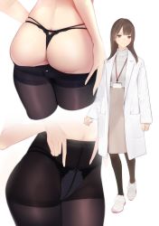 Rule 34 | 1girl, ama mitsuki, ass, black panties, black pantyhose, blush, breasts, brown eyes, brown hair, butt crack, closed mouth, clothes pull, clothing cutout, coat, cropped legs, crotch seam, dated, full body, groin, heart cutout, high-waist pantyhose, highres, lab coat, lanyard, long hair, long sleeves, looking at viewer, mole, mole on ass, multiple views, navel, original, panties, panties under pantyhose, panty pull, pantyhose, pantyhose pull, pulled by self, shoes, simple background, skindentation, skirt, smile, sneakers, standing, string panties, sweater, thighband pantyhose, thighs, thong, underwear, undressing, white background