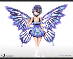 Rule 34 | 1girl, absurdres, bad id, bad pixiv id, bare legs, bare shoulders, black panties, blue dress, blue hair, blue skirt, breasts, brown eyes, bug, butterfly, butterfly wings, choker, cleavage, collarbone, dress, hair ornament, highres, insect, insect wings, medium breasts, panties, see-through, short hair, simple background, skirt, solo, strap, t-track, t-track (artist), underwear, wings