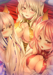 Rule 34 | 3girls, animal ear fluff, animal ears, bare shoulders, bed, bed sheet, blonde hair, blue ribbon, blush, breast hold, breasts, brown eyes, center opening, cleavage, commentary request, covering own mouth, curvy, detached sleeves, floral print, fox ears, hatori mia, highres, hip vent, indoors, large breasts, long hair, long sleeves, looking at viewer, mole, mole under eye, multiple girls, official art, open mouth, original, parted lips, pillow, pink hair, plump, red ribbon, ribbon, ribbon-trimmed sleeves, ribbon trim, see-through, teeth, upper teeth only, wide sleeves, yellow eyes, yellow ribbon