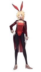 Rule 34 | 1girl, absurdres, alternate costume, animal ears, black pantyhose, blonde hair, breasts, fake animal ears, fate/grand order, fate (series), full body, gloves, green eyes, hand on own hip, highres, jacket, leotard, long sleeves, mordred (fate), mordred (fate/apocrypha), no-kan, open clothes, open jacket, pantyhose, playboy bunny, ponytail, rabbit ears, red jacket, red leotard, small breasts, solo, standing, white gloves