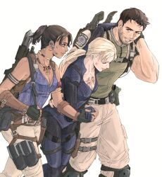Rule 34 | 1boy, 2girls, belt, black gloves, blonde hair, blue sleeves, blue suit, breasts, brown hair, capcom, chris redfield, cleavage, closed eyes, closed mouth, collarbone, commentary, dark skin, english commentary, fingerless gloves, formal, gloves, green shirt, high ponytail, holding hands, holster, jewelry, jill valentine, looking at another, low ponytail, medium breasts, multiple girls, muscular, necklace, parted bangs, parted lips, ponytail, resident evil, resident evil 5, scar, sheva alomar, shirt, short hair, short sleeves, sleeveless, smile, suit, thigh holster, upper body, valenfield, weapon