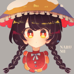 Rule 34 | 1girl, ajirogasa, black hair, braid, bright pupils, brown hat, character name, cropped torso, dot nose, grey background, hat, looking at viewer, portrait, ratto (mobilis 1870), red eyes, simple background, snow, solo, touhou, twin braids, yatadera narumi