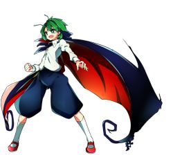 Rule 34 | 1girl, :d, antennae, baba (baba seimaijo), cape, clenched hand, full body, green eyes, green hair, highres, juliet sleeves, kneehighs, long sleeves, mary janes, matching hair/eyes, open mouth, puffy sleeves, shirt, shoes, short hair, shorts, smile, socks, solo, tachi-e, touhou, transparent background, white socks, wriggle nightbug