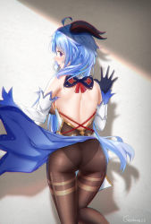 Rule 34 | 1girl, absurdres, against wall, ahoge, ass, bare shoulders, black pantyhose, blue hair, blush, bodysuit, breasts, clothes lift, detached sleeves, dress, dress lift, from behind, ganyu (genshin impact), genshin impact, gerbone23, gloves, goat horns, highres, horns, leotard, long hair, looking at viewer, looking back, pantyhose, pelvic curtain, purple eyes, shiny clothes, shiny skin, sideboob, smile, solo, very long hair, waist cape, wall