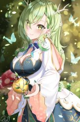 Rule 34 | 1girl, absurdres, antlers, apple, blush, braid, braided bangs, branch, breasts, bug, butterfly, ceres fauna, cleavage, falling leaves, flower, food, fruit, golden apple, green hair, hair flower, hair ornament, highres, hololive, hololive english, horns, insect, large breasts, leaf, long hair, looking at viewer, mole, mole under eye, phumanchew, single braid, smile, solo, virtual youtuber, yellow eyes