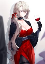 Rule 34 | 1girl, black gloves, black pantyhose, blonde hair, braid, breasts, cowboy shot, cup, dress, drinking glass, gloves, highres, holding, holding cup, large breasts, long hair, original, pantyhose, purple eyes, red dress, side braid, side ponytail, solo, standing, very long hair, waka (shark waka), wine glass