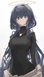 Rule 34 | 1girl, black undershirt, blue archive, blue eyes, eyewear strap, glasses, hairband, halo, highres, jewelry, long hair, looking at viewer, mikozin, neckerchief, necklace, off shoulder, portrait, simple background, solo, sweater, ui (blue archive), very long hair, white background