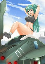 Rule 34 | 1girl, abs, armpits, arms behind head, bell, black footwear, black sports bra, bottle, breasts, cloud, cloudy sky, covered erect nipples, cui yifei, day, exercising, green hair, grey sports bra, hair bell, hair between eyes, hair ornament, highres, j-10 (muv-luv), large breasts, long hair, mecha, muv-luv, muv-luv alternative, muv-luv total eclipse, navel, nonoririn, purple eyes, robot, shoes, sit-up, sky, solo, sports bra, sweat, two side up, water bottle