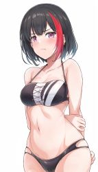 Rule 34 | 1girl, arms behind back, bang dream!, bikini, black bikini, blush, closed mouth, cowboy shot, from below, halterneck, highres, looking at viewer, mitake ran, multicolored bikini, multicolored clothes, multicolored hair, pout, purple eyes, short hair, simple background, solo, standing, streaked hair, suisen toire (moko924), swimsuit, white background