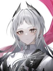Rule 34 | 1girl, arknights, capelet, closed mouth, earrings, grey eyes, grey hair, head wings, highres, irene (arknights), jewelry, long hair, looking at viewer, ninshi, ringed eyes, scar, scar across eye, scar on face, simple background, solo, upper body, white background, white capelet, wings