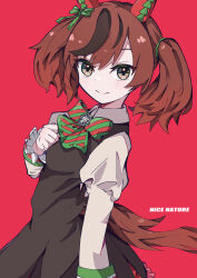 Rule 34 | 1girl, absurdres, animal ears, aramedraw, bow, bowtie, brown hair, character name, collared shirt, diagonal-striped bow, diagonal-striped bowtie, diagonal-striped clothes, dress, english text, frilled sleeves, frills, green bow, green bowtie, grey eyes, grey skirt, highres, horse ears, horse girl, horse tail, light blush, long sleeves, looking at viewer, nice nature (umamusume), pinafore dress, red background, red bow, red bowtie, shirt, simple background, skirt, sleeve cuffs, sleeveless, sleeveless dress, smile, solo, striped clothes, tail, twintails, umamusume, white shirt