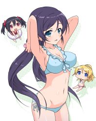 Rule 34 | 10s, 3girls, aqua eyes, armpits, arms behind head, ayase eli, bikini, black hair, blonde hair, blue eyes, blush stickers, breasts, chibi, covered erect nipples, flat chest, frilled bikini, frills, front-tie top, halterneck, highres, k10k, long hair, looking at viewer, love live!, love live! school idol project, medium breasts, multiple girls, navel, open mouth, parted lips, purple hair, red eyes, shiny skin, side-tie bikini bottom, skindentation, smile, striped bikini, striped clothes, swimsuit, tojo nozomi, twintails, yazawa nico