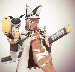 Rule 34 | 1girl, abs, belt, belt bra, breasts, cape, closed mouth, commentary request, dark-skinned female, dark skin, guilty gear, hair between eyes, hat, highres, katana, long hair, looking at viewer, muscular, muscular female, navel, orange eyes, pink lips, putcher, ramlethal valentine, sheath, sheathed, short shorts, shorts, silver hair, solo, sword, thigh strap, underboob, weapon