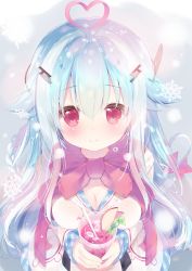 Rule 34 | 1girl, ahoge, ame usari, blue hair, blush, braid, breasts, cleavage, closed mouth, commentary request, cup, dress, drink, drinking straw, fringe trim, gradient hair, hair between eyes, hair flaps, hair ornament, heart, heart ahoge, highres, holding, holding cup, ice, ice cube, long hair, looking at viewer, medium breasts, multicolored hair, original, red eyes, red scarf, scarf, silver hair, smile, snowflakes, snowing, solo, very long hair, white dress
