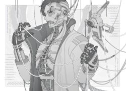 Rule 34 | 1boy, absurdres, animification, apex legends, cable, copyright name, crypto (apex legends), cyborg, from side, greyscale, hack (apex legends), highres, jacket, looking at viewer, male focus, mechanical arms, monochrome, non-humanoid robot, official alternate costume, parted lips, robot, ruko03, solo, twitter username, whitelisted crypto