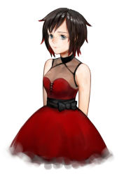 Rule 34 | 1girl, arms behind back, bare shoulders, brown hair, dress, dy1991, highres, red dress, ruby rose, rwby, short hair, grey eyes, simple background, sketch, smile, solo, white background