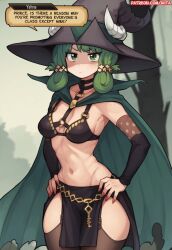 Rule 34 | 1girl, breasts, green eyes, green hair, hat, navel, pelvic curtain, revealing clothes, solo, unicorn overlord, witch hat, yahna (unicorn overlord)