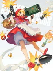 Rule 34 | 1girl, absurdres, apron, basket, blonde hair, bloomers, blue eyes, bomb, bottle, bug, bullet, bulleta, butterfly, capcom, capelet, character name, closed mouth, commentary, copyright name, dynamite, english commentary, english text, explosive, flower, gun, hair between eyes, handgun, hichi, highres, holding, holding gun, holding weapon, hood, hood up, insect, knife, looking at viewer, missile, pistol, red capelet, red footwear, red hood, red ribbon, ribbon, rocket launcher, short hair, simple background, smile, solo, underwear, vampire (game), weapon, white background, wine bottle