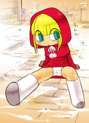 Rule 34 | 1girl, blonde hair, blue eyes, blush, boots, brown gloves, capelet, dress, gloves, hood, hooded capelet, long sleeves, looking to the side, mittens, open mouth, panties, peeking, red capelet, red dress, short hair, sitting, snow, studio abuno culture, underwear, white footwear, white panties